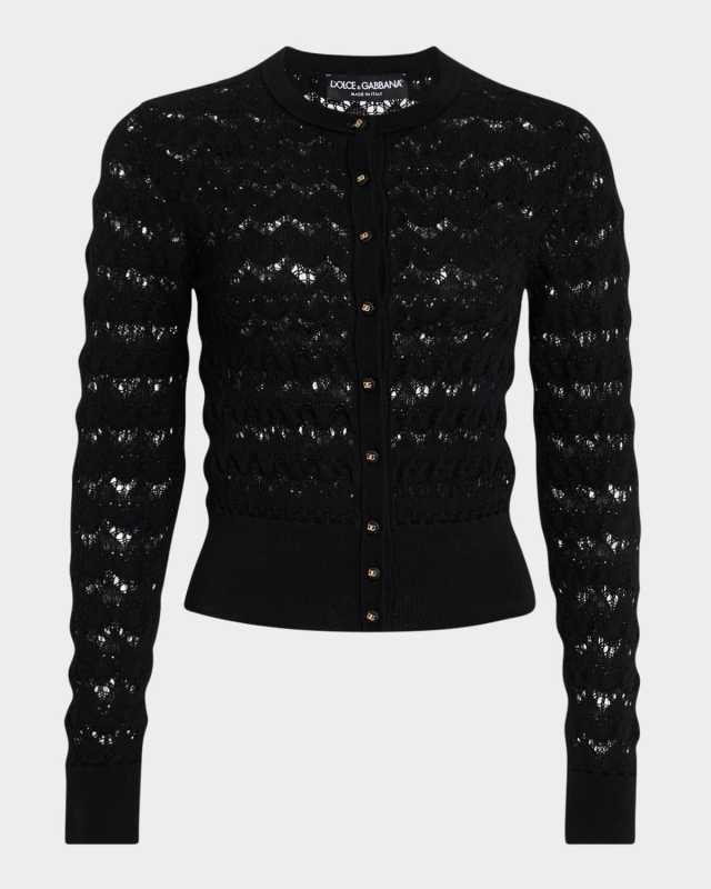 Chevron Open-Knit Crewneck Cardigan